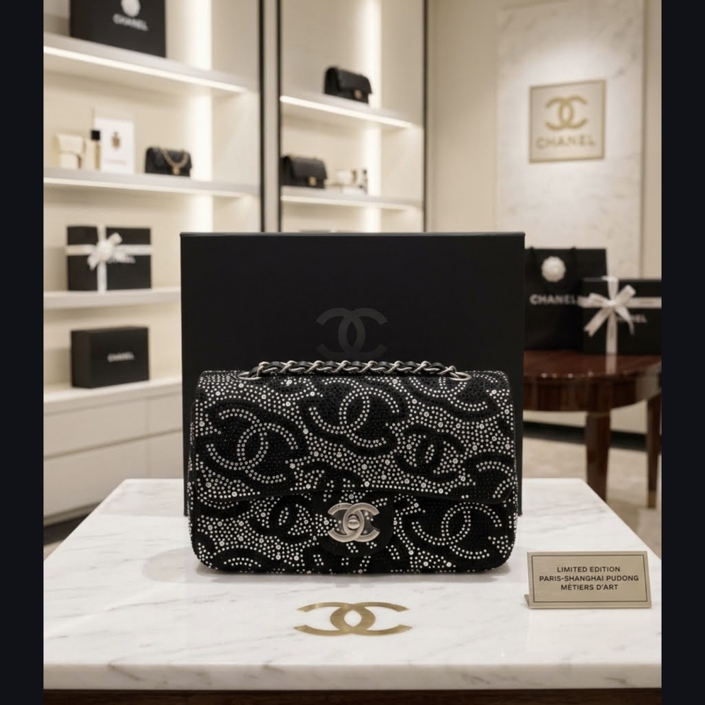 Black Crystal-Embellished Shoulder Bag with Interlocking Logo